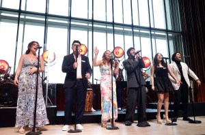 Sebastián Yatra performs on stage with prior Latin GRAMMY Cultural Foundation Scholarship winners at the LGCF Sebastián Yatra Scholarship Ceremony on August 7, 2024 in Coral Gables, Florida.