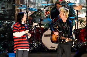 Billie Eilish performs onstage with Billie Joe Armstrong of Green Day during the FIREAID Benefit Concert for California Fire Relief at The Kia Forum on January 30, 2025 in Inglewood, California.  (Photo by Scott Dudelson/Getty Images for FIREAID)
