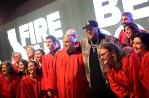 Jelly Roll (C) and the Pasadena Chorale attend the FIREAID Benefit Concert for California Fire Relief at Intuit Dome on January 30, 2025 in Inglewood, California. (Photo by Matt Winkelmeyer/Getty Images for FIREAID)