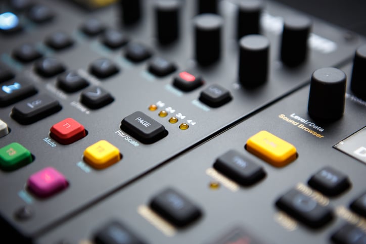 Synthesizer for electronic music production. Professional beat machine for composer. Digital synth device in sound recording studio.