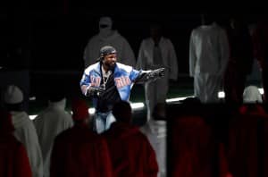 NEW ORLEANS, LA - FEBRUARY 09: Kendrick Lamar performs for the Apple Music Super Bowl LIX Halftime Show on February 09, 2025, at the Caesars Superdome in New Orleans, LA.  (Photo by Bob Kupbens/Icon Sportswire via Getty Images)