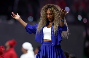 NEW ORLEANS, LOUISIANA - FEBRUARY 09: Serena Williams performs onstage during Apple Music Super Bowl LIX Halftime Show at Caesars Superdome on February 09, 2025 in New Orleans, Louisiana.  (Photo by Emilee Chinn/Getty Images)