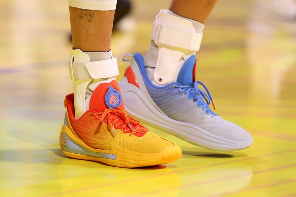 SAN FRANCISCO, CALIFORNIA - FEBRUARY 16: A detailed view of the shoes of Stephen Curry #30 of the Golden State Warriors and Shaq's OGs during the 74th NBA All-Star Game at Chase Center on February 16, 2025 in San Francisco, California. NOTE TO USER: User expressly acknowledges and agrees that, by downloading and or using this photograph, User is consenting to the terms and conditions of the Getty Images License Agreement. (Photo by Ezra Shaw/Getty Images)