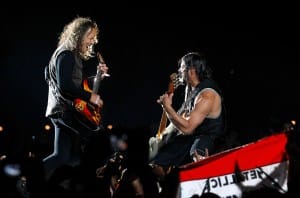 BELGRADE, SERBIA - MAY 08: Kirk Hammett and Robert Trujillo of Metallica perform during their 20th anniversary tour of the Black Album, at Usce Park on May 8, 2012 in Belgrade, Serbia. (Photo by Srdjan Stevanovic/WireImage)