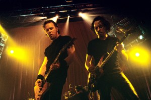 James Hetfield and Kirk Hammett of Metallica performing during the Garage Barrage Tour at Roseland Ballroom in New York City on Nov. 24, 1998.