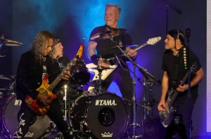 LAS VEGAS, NEVADA - FEBRUARY 25:  (L-R) Guitarist Kirk Hammett, drummer Lars Ulrich, frontman James Hetfield and bassist Robert Trujillo of Metallica perform at Allegiant Stadium on February 25, 2022 in Las Vegas, Nevada.  (Photo by Ethan Miller/Getty Images)