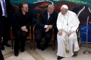 Bono, José Maria del Corral and Pope Francis takes part in the festive launch of the Scholas Occurrentes International Movement at the Pontifical Urban University on May 19, 2022 in Vatican City, Vatican.