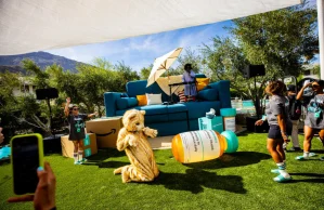A stray cat gives an impromptu dance purr-formance with an allergy prescription bottle during Reggie Watts’ ‘MuSick’ show in Palms Springs (no allergic reactions were reported).