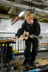 Ed Sheeran and Jimmy Fallon subway busking on 'The Tonight Show Starring Jimmy Fallon' on April 8, 2025.
