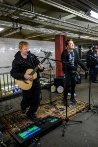 Ed Sheeran and Jimmy Fallon subway busking on 'The Tonight Show Starring Jimmy Fallon' on April 8, 2025.