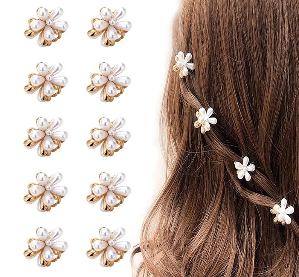 Linxi 10 Pcs Small Mini Pearl Claw Clips with Flower Design