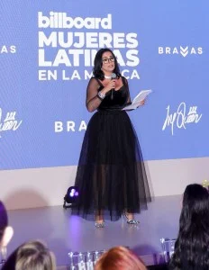 Sonia Clavell speaks onstage at the Billboard and BRAVAS Entertainment Honor Latina Music Executives event held at Telemundo Center on April 23, 2025 in Miami, Florida.