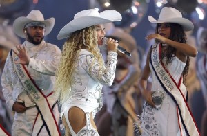 Beyoncé performs with daughter, Blue Ivy, during the halftime show for the game between the Baltimore Ravens and the Houston Texans at NRG Stadium on December 25, 2024 in Houston, Texas.
