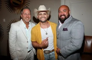 Jon Loba, Frank Ray and Ray's Manager Oscar Chavira at BBR Music Group Brunch at 2025 ACM Awards at Stonebriar Country Club on May 08, 2025 in Frisco, Texas.