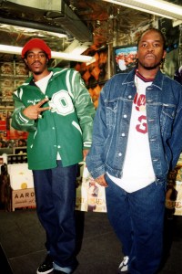 André 3000 and Big Boi of OutKast poses for photos at George's Music Room in Chicago, Illinois in October 1998.