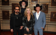 (L-R) Honoree Tony Brown, John Carter Cash and Carlene Carter (accepting on behalf of honoree June Carter Cash) and honoree Kenny Chesney attend the Medallion Ceremony for the Class of 2025 at Country Music Hall of Fame and Museum on October 19, 2025 in Nashville, Tennessee.