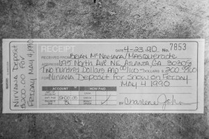 Pay reciept for Nirvana's 1990 performance at Masquerade.