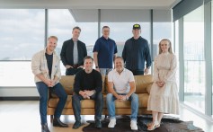 (L-R, Back row): By Design's Jeremy Holley, BBR Music Group/BMG Nashville's Peter Strickland, By Design's Josh Bailey Front row: By Design's Josh Thompson, By Design's Rod Riley, BMG's Jon Loba, BBR Music Group/BMG Nashville's JoJamie Hahr