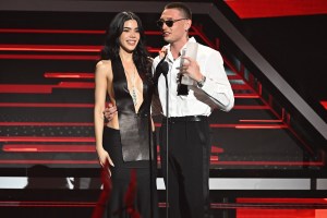 Kenia Os and Peso Pluma at the 2025 Billboard Latin Music Awards held at The Fillmore Miami Beach on October 23, 2025 in Miami Beach, Florida.