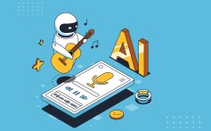 AI music generator poster. Robot with guitar near smartphone with mic. Melodies and songs. Artificial Intelligence and Machine Learning. Landing webpage design. Isometric vector illustration