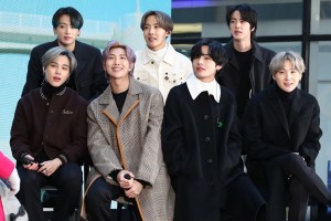 (L-R) Jimin, Jungkook, RM, J-Hope, V, Jin, and SUGA of the K-pop boy band BTS visit the 
