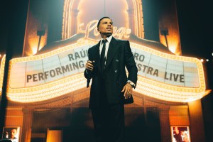 Rauw Alejandro performs on the 'Cosa Nuestra' tour at State Farm Arena on May 4, 2025 in Atlanta.
