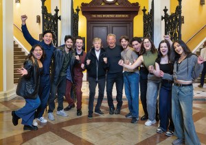 Sir Paul McCartney, Bruce Springsteen, and LIPA students pose in front of the Paul McCartney Auditorium at the Liverpool Institute for Performing Arts on June 6, 2025 in Liverpool, UK.