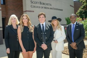 From left: Scott Borchetta College of Media and Entertainment dean Beverly Keel, singer-songwriter Carly Pearce, Scott Borchetta, Sandi Borchetta, and Middle Tennessee State University President Sidney A. McPhee.