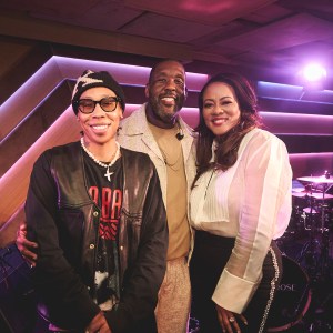 Adam Blackmon with Lena Waithe and Lela Rochon at The Sun Rose West Hollywood, November 11, 2025.