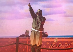 Larry June performs onstage at Tyler The Creator’s Camp Flog Gnaw Carnival held at Dodger Stadium on Nov. 23, 2025 in Los Angeles, California.