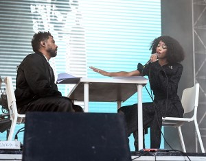 Miguel and Kilo Kish perform onstage at Tyler The Creator’s Camp Flog Gnaw Carnival held at Dodger Stadium on Nov. 23, 2025 in Los Angeles, California.