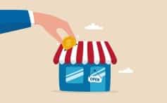 Funding small business, backing startup project or banking loan to start new business, investment or saving to open new shop concept, businessman hand funding by put coin into small business store.