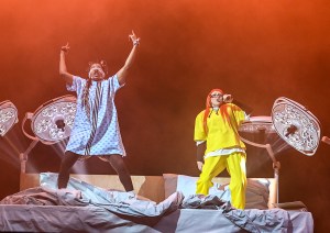Teezo Touchdown and Amelia Moore perform onstage at Tyler The Creator’s Camp Flog Gnaw Carnival held at Dodger Stadium on Nov. 23, 2025 in Los Angeles, California.